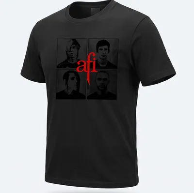 Collage of afi band members in black and white with red accents.