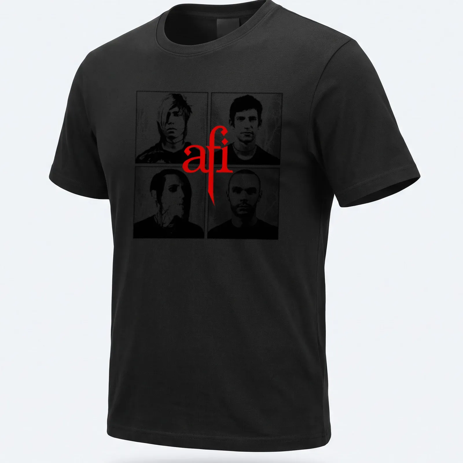 Collage of afi band members in black and white with red accents. — printed on a unisex t-shirt