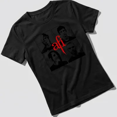 Collage of afi band members in black and white with red accents. — printed on a women's shirt