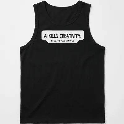 Bold handwritten text on a t-shirt stating AI KILLS CREATIVITY and support real artists — printed on a tank top