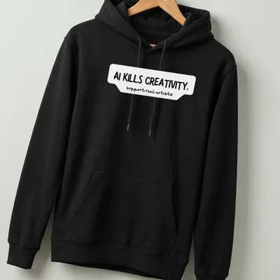Bold handwritten text on a t-shirt stating AI KILLS CREATIVITY and support real artists — printed on a unisex hoodie
