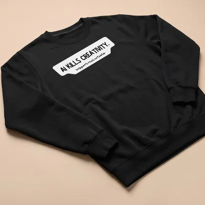 Bold handwritten text on a t-shirt stating AI KILLS CREATIVITY and support real artists — printed on a unisex sweatshirt