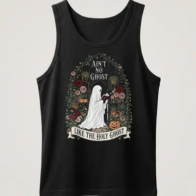 Ghost reading a Bible with floral accents and humorous text — printed on a tank top