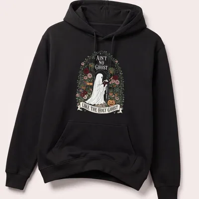 Ghost reading a Bible with floral accents and humorous text — printed on a unisex hoodie