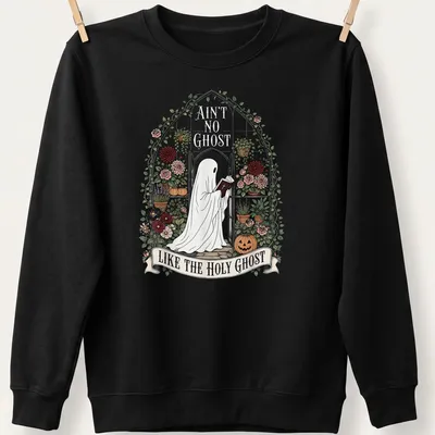 Ghost reading a Bible with floral accents and humorous text — printed on a unisex sweatshirt