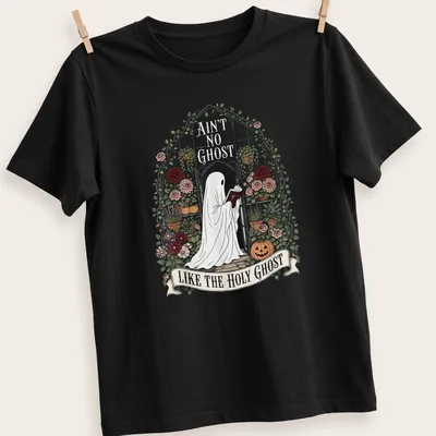 Ghost reading a Bible with floral accents and humorous text