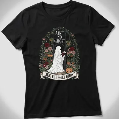 Ghost reading a Bible with floral accents and humorous text — printed on a women's shirt