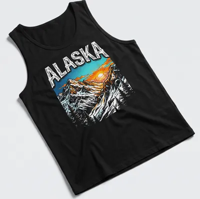 Vibrant illustration of Alaska mountain terrain with sunset and colorful sky — printed on a tank top