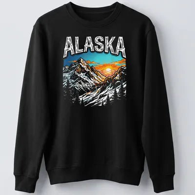 Vibrant illustration of Alaska mountain terrain with sunset and colorful sky — printed on a unisex sweatshirt