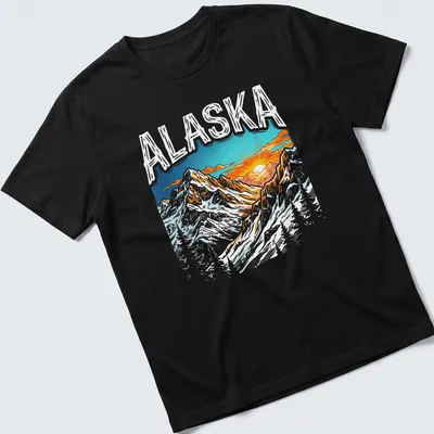 Vibrant illustration of Alaska mountain terrain with sunset and colorful sky
