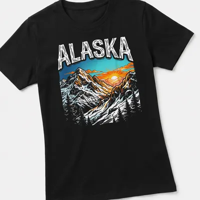 Vibrant illustration of Alaska mountain terrain with sunset and colorful sky — printed on a women's shirt
