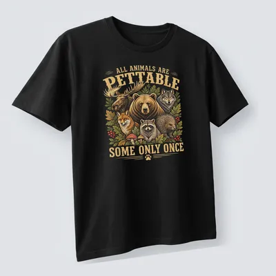 Vintage style shirt featuring animals with the text about petting them. — printed on a unisex t-shirt (angled view)