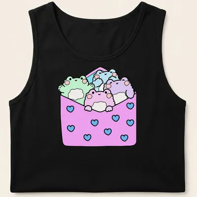 Cute frogs in kawaii style with text about packages on a colorful — printed on a tank top