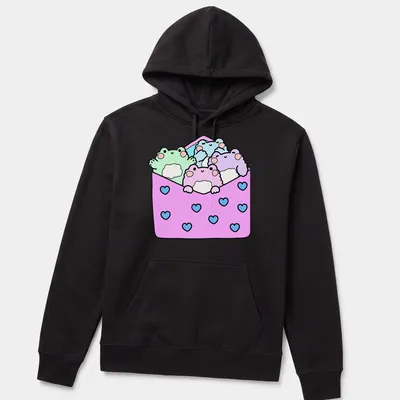 Cute frogs in kawaii style with text about packages on a colorful — printed on a unisex hoodie