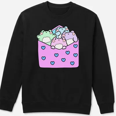Cute frogs in kawaii style with text about packages on a colorful — printed on a unisex sweatshirt