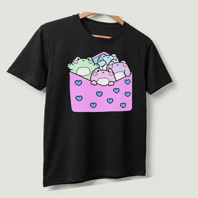 Cute frogs in kawaii style with text about packages on a colorful — printed on a unisex t-shirt (angled view)