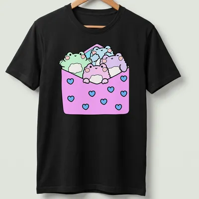 Cute frogs in kawaii style with text about packages on a colorful t-shirt