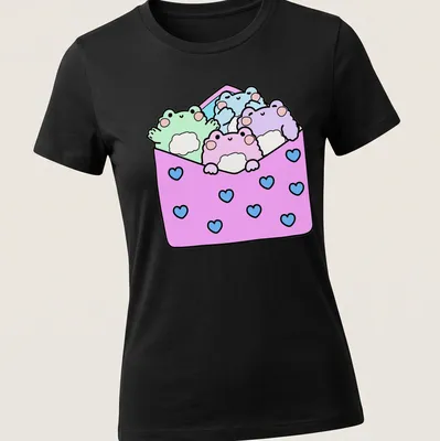 Cute frogs in kawaii style with text about packages on a colorful — printed on a women's shirt