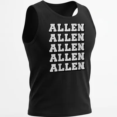 Bold block letters spelling 'ALLEN' in a repeated pattern on a black and white tee. — printed on a tank top