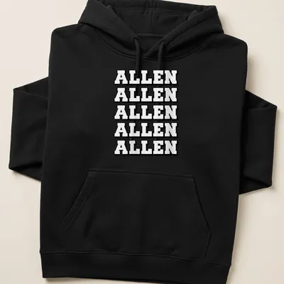 Bold block letters spelling 'ALLEN' in a repeated pattern on a black and white tee. — printed on a unisex hoodie