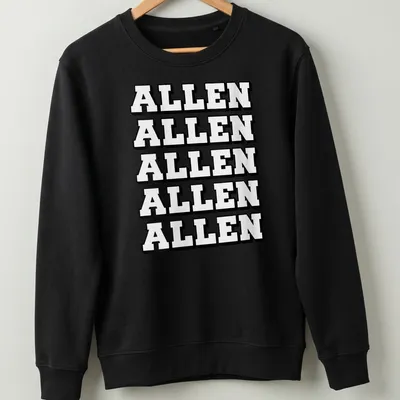 Bold block letters spelling 'ALLEN' in a repeated pattern on a black and white tee. — printed on a unisex sweatshirt