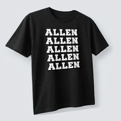 Bold block letters spelling 'ALLEN' in a repeated pattern on a black and white tee. — printed on a unisex t-shirt (angled view)