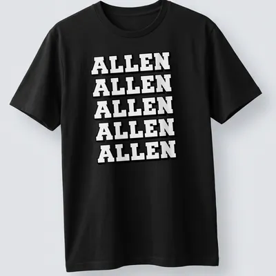 Bold block letters spelling 'ALLEN' in a repeated pattern on a black and white tee.