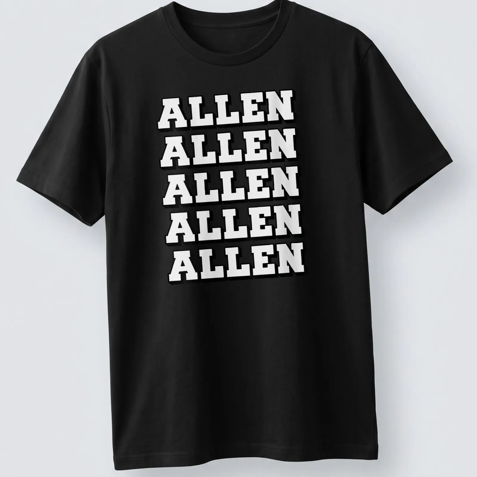 Bold block letters spelling 'ALLEN' in a repeated pattern on a black and white tee. — printed on a unisex t-shirt