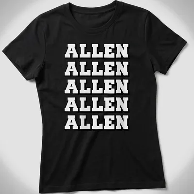 Bold block letters spelling 'ALLEN' in a repeated pattern on a black and white tee. — printed on a women's shirt