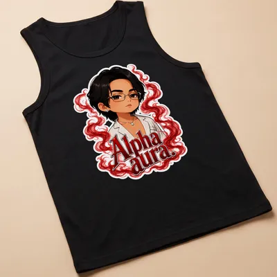 Kawaii style t-shirt featuring a character with glasses and red swirls — printed on a tank top