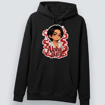 Kawaii style t-shirt featuring a character with glasses and red swirls — printed on a unisex hoodie