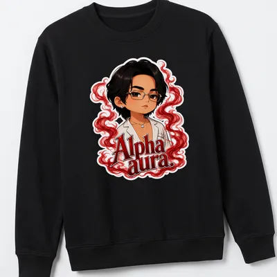 Kawaii style t-shirt featuring a character with glasses and red swirls — printed on a unisex sweatshirt