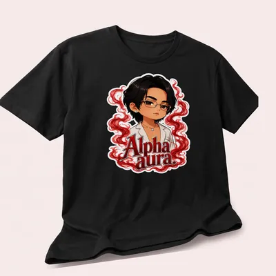 Kawaii style t-shirt featuring a character with glasses and red swirls — printed on a unisex t-shirt (angled view)