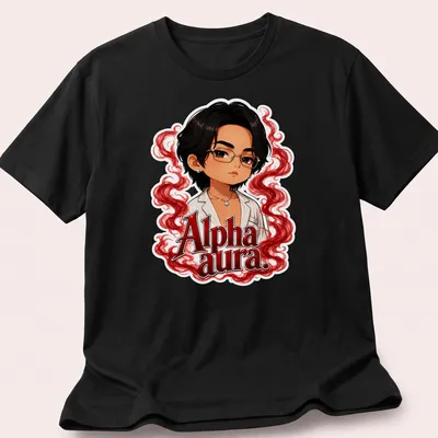 Kawaii style t-shirt featuring a character with glasses and red swirls