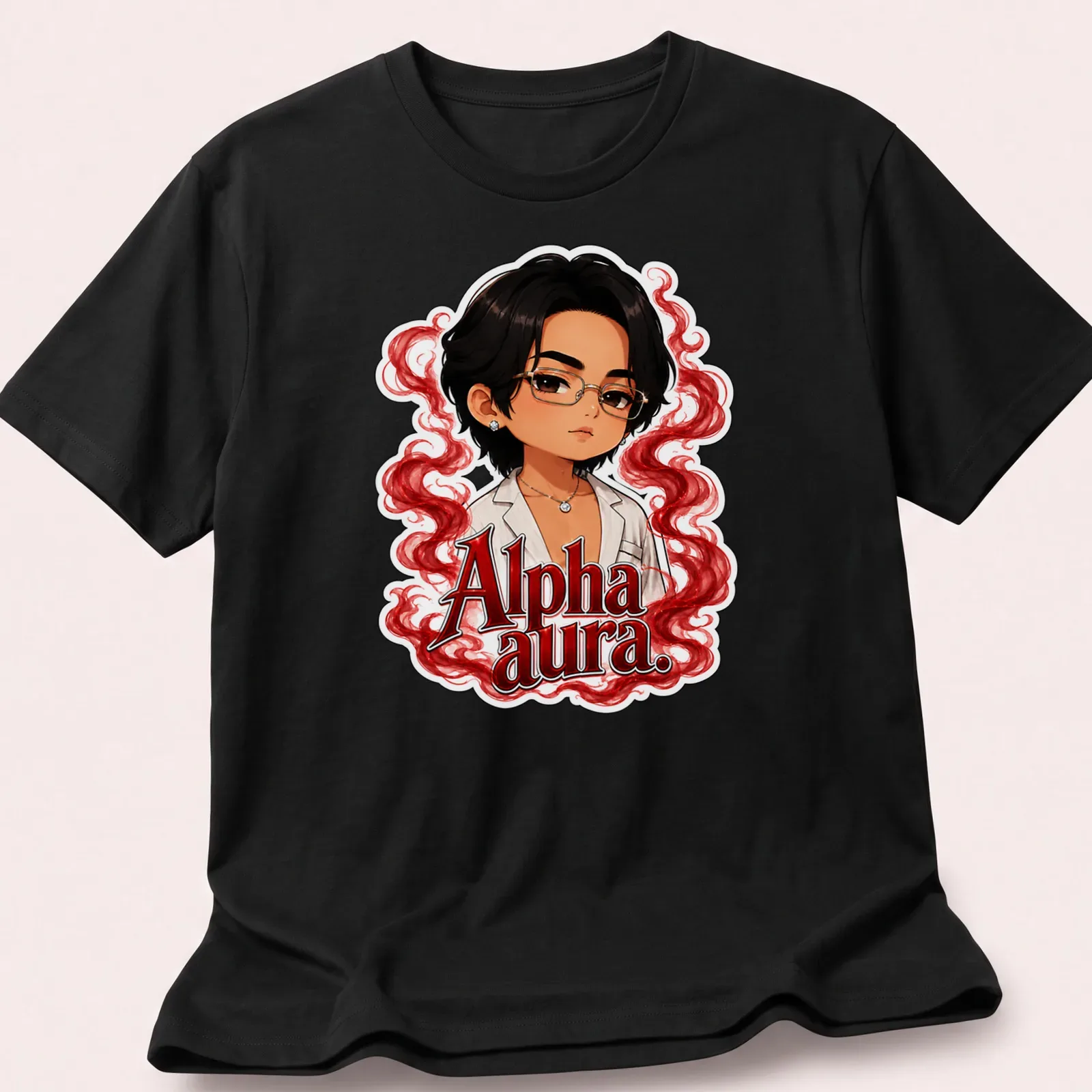 Kawaii style t-shirt featuring a character with glasses and red swirls — printed on a unisex t-shirt