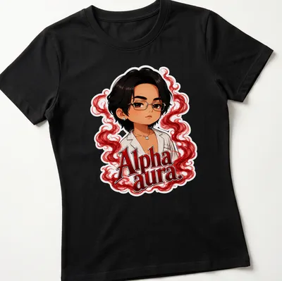 Kawaii style t-shirt featuring a character with glasses and red swirls — printed on a women's shirt