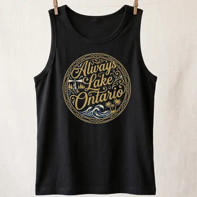 Ornate circular graphic of a lighthouse and palm trees with the text Always Lake Ontario — printed on a tank top