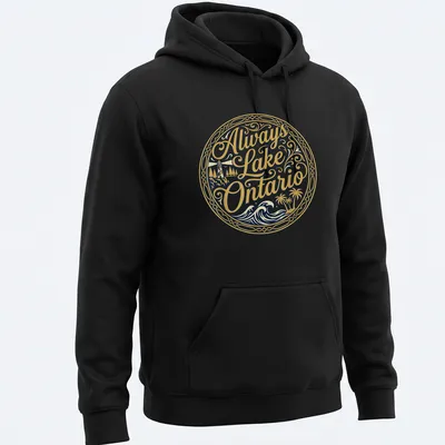 Ornate circular graphic of a lighthouse and palm trees with the text Always Lake Ontario — printed on a unisex hoodie