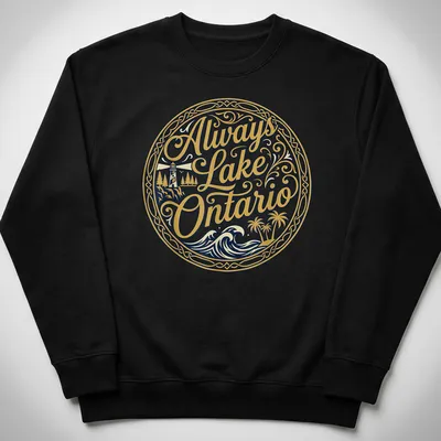 Ornate circular graphic of a lighthouse and palm trees with the text Always Lake Ontario — printed on a unisex sweatshirt