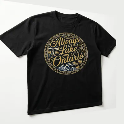 Ornate circular graphic of a lighthouse and palm trees with the text Always Lake Ontario — printed on a unisex t-shirt (angled view)