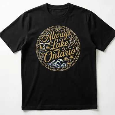 Ornate circular graphic of a lighthouse and palm trees with the text Always Lake Ontario — printed on a unisex t-shirt