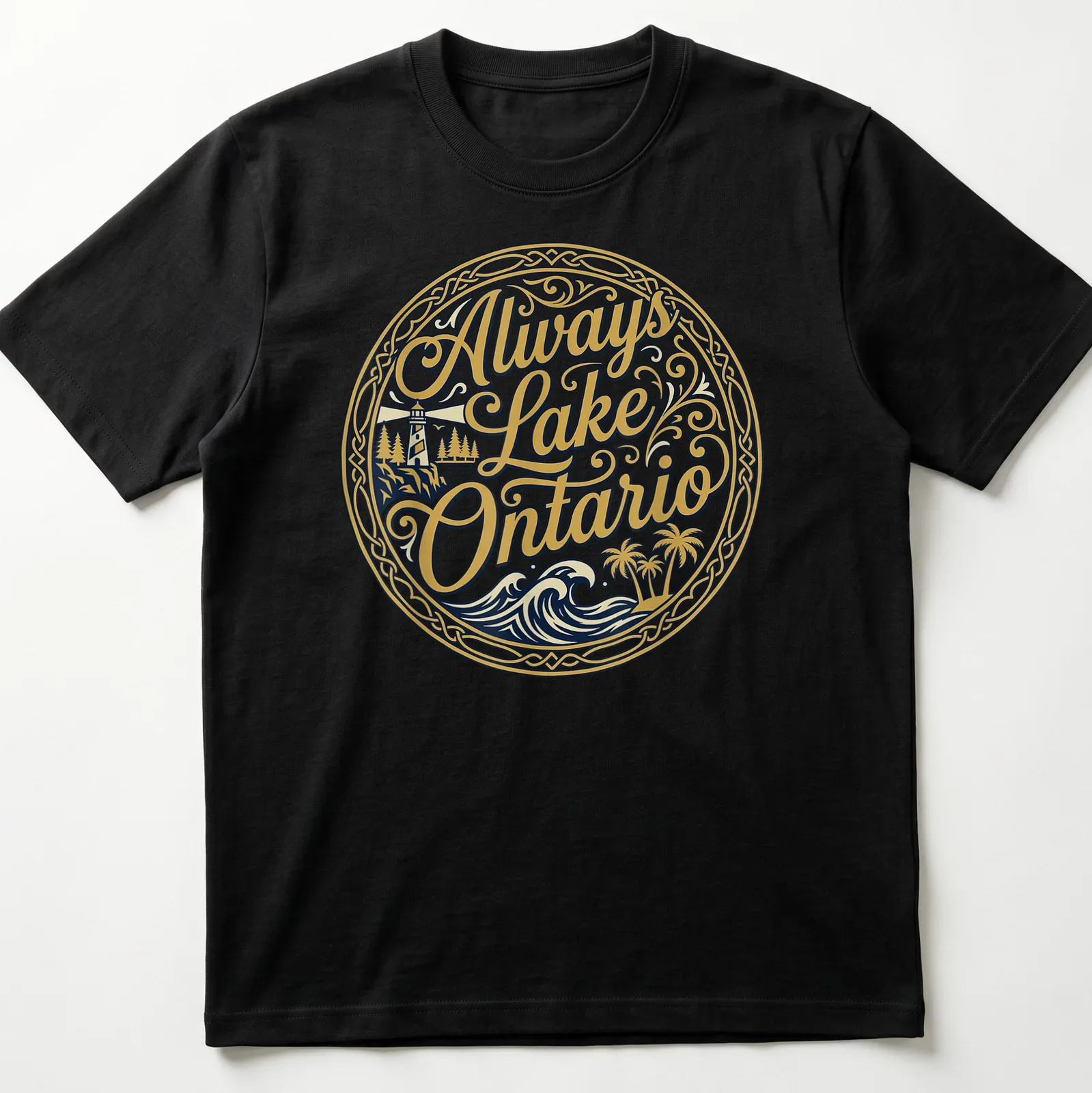 Ornate circular graphic of a lighthouse and palm trees with the text Always Lake Ontario — printed on a unisex t-shirt