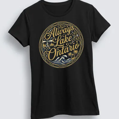 Ornate circular graphic of a lighthouse and palm trees with the text Always Lake Ontario — printed on a women's shirt