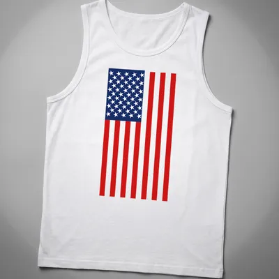 Flat design illustration of the American flag in red, white, and blue — printed on a tank top