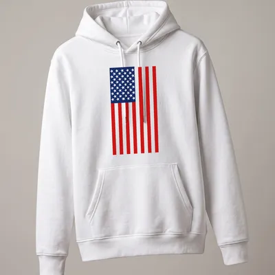 Flat design illustration of the American flag in red, white, and blue — printed on a unisex hoodie