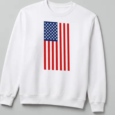 Flat design illustration of the American flag in red, white, and blue — printed on a unisex sweatshirt