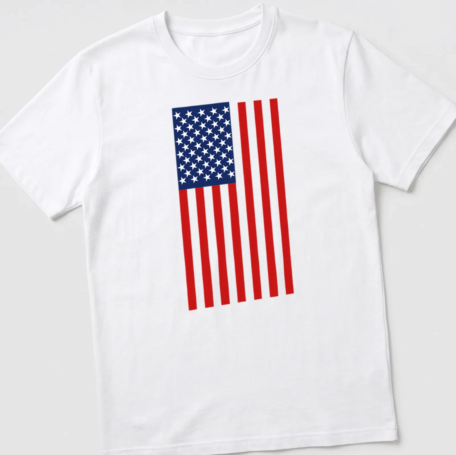 Flat design illustration of the American flag in red, white, and blue — printed on a unisex t-shirt