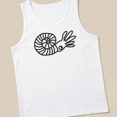 Minimalist line art of an ammonite with the word Ammonite printed above it — printed on a tank top