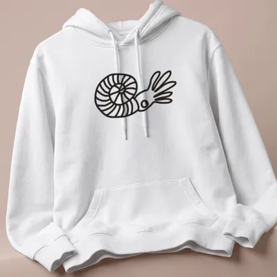 Minimalist line art of an ammonite with the word Ammonite printed above it — printed on a unisex hoodie