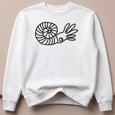 Minimalist line art of an ammonite with the word Ammonite printed above it — printed on a unisex sweatshirt